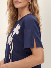 Linen-Lyocell Floral Cord Embroidered Asymmetric Hem Top FLORENE by LINTICO