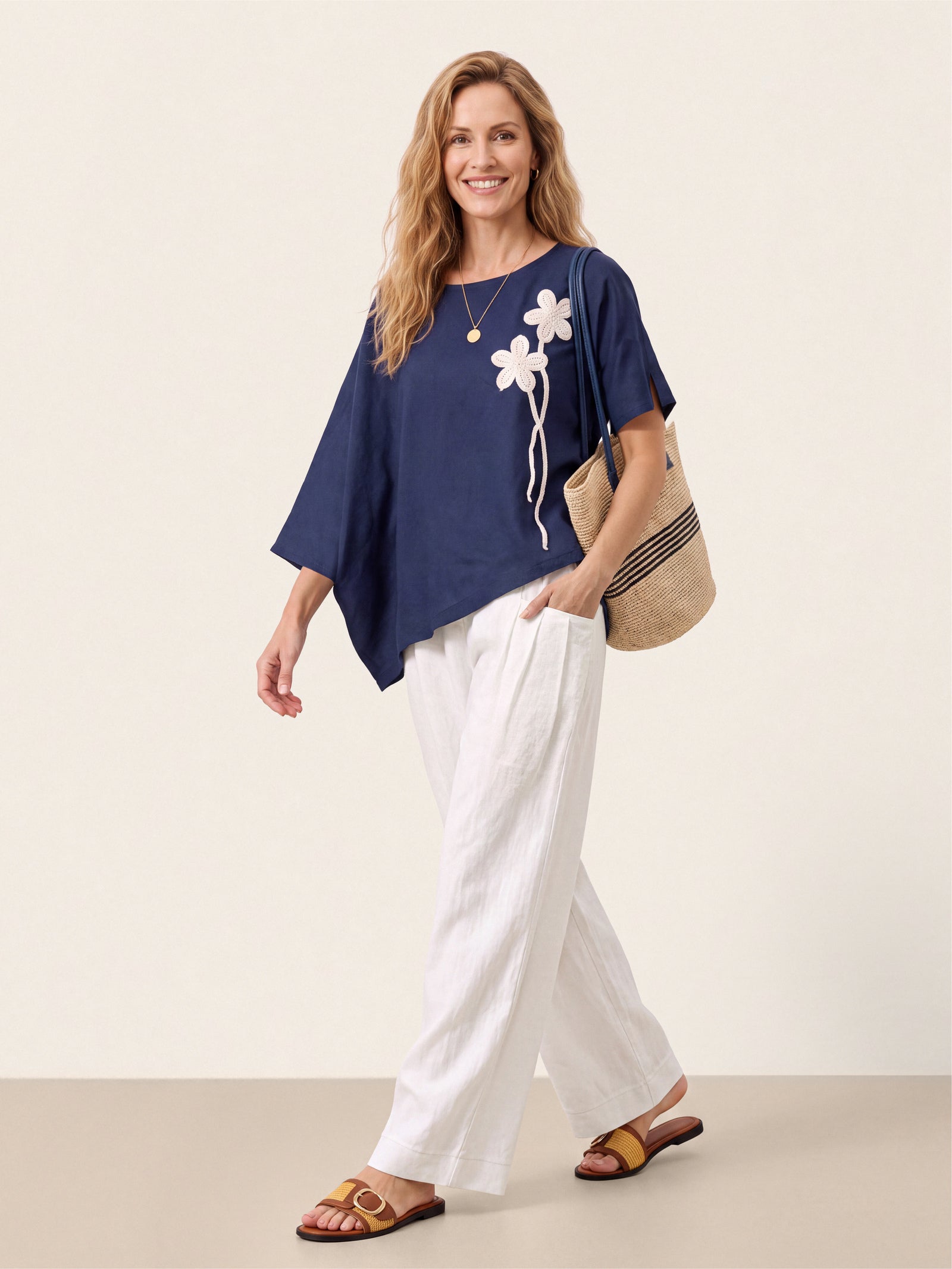Linen-Lyocell Floral Cord Embroidered Asymmetric Hem Top FLORENE by LINTICO