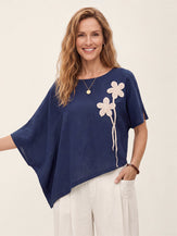 Linen-Lyocell Floral Cord Embroidered Asymmetric Hem Top FLORENE by LINTICO
