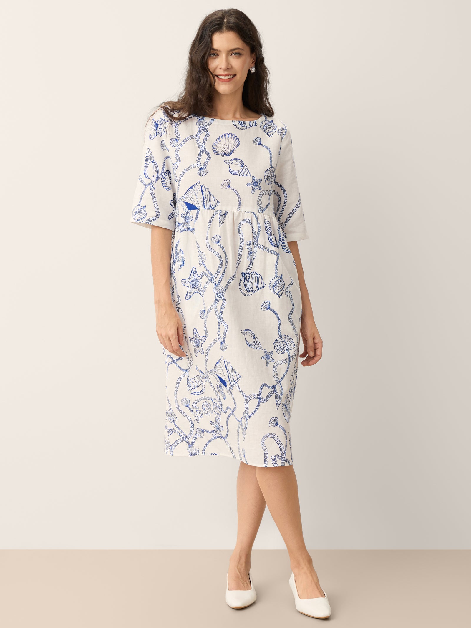 Linen Marine Curio Print Babydoll Midi Dress DELPHINA by LINTICO for women