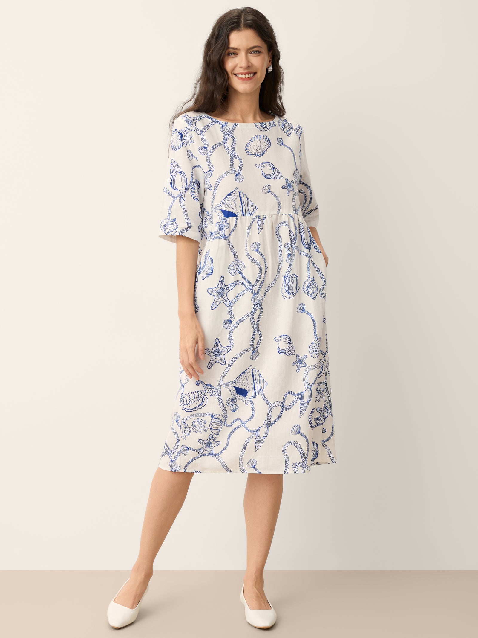 Linen Marine Curio Print Babydoll Midi Dress DELPHINA by LINTICO for women