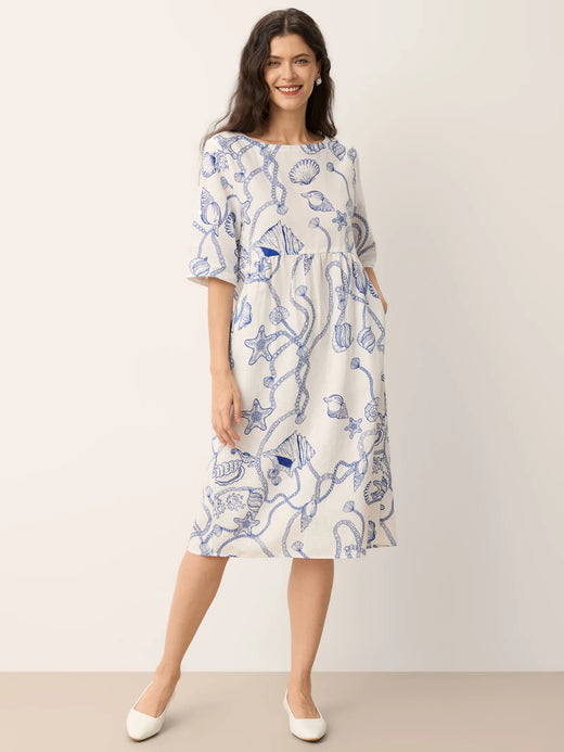 Linen Marine Curio Print Babydoll Midi Dress DELPHINA