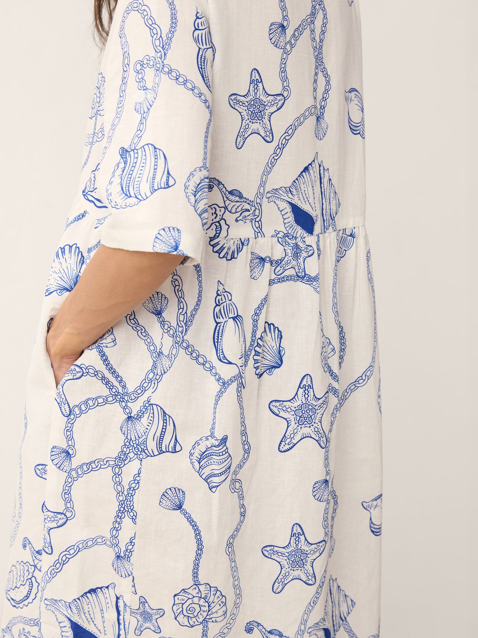 Linen Marine Curio Print Babydoll Midi Dress DELPHINA by LINTICO for women