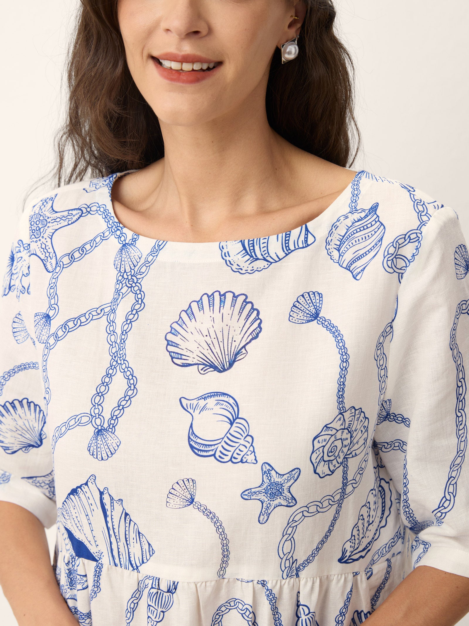Linen Marine Curio Print Babydoll Midi Dress DELPHINA by LINTICO for women