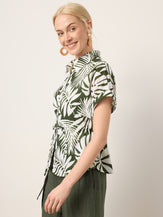 Linen Palm Print Drawstring Waist Cuffed Sleeve Shirt HILDEGARD by LINTICO for women
