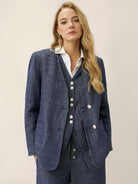 Linen Reversible Denim Texture V Neck Jacket ELLIE by LINTICO, fabric detail for women