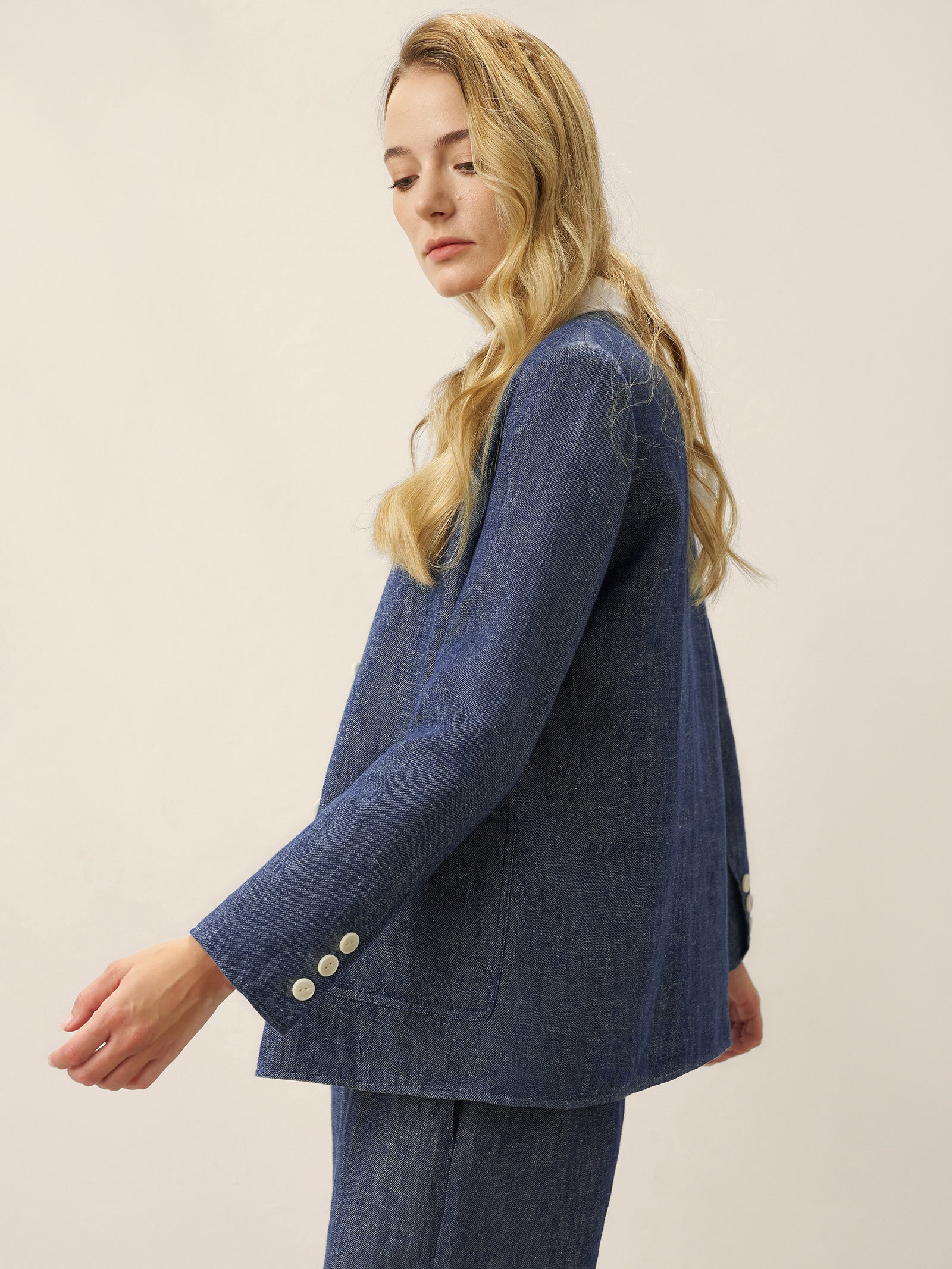 Linen Reversible Denim Texture V Neck Jacket ELLIE by LINTICO, fabric detail for women