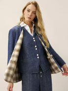 Linen Reversible Denim Texture V Neck Jacket ELLIE by LINTICO, fabric detail for women