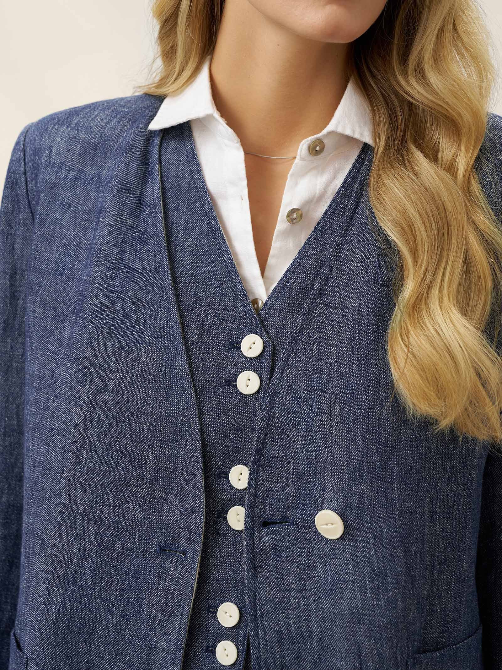 Linen Reversible Denim Texture V Neck Jacket ELLIE by LINTICO, fabric detail for women