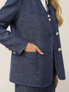 Linen Reversible Denim Texture V Neck Jacket ELLIE by LINTICO, fabric detail for women