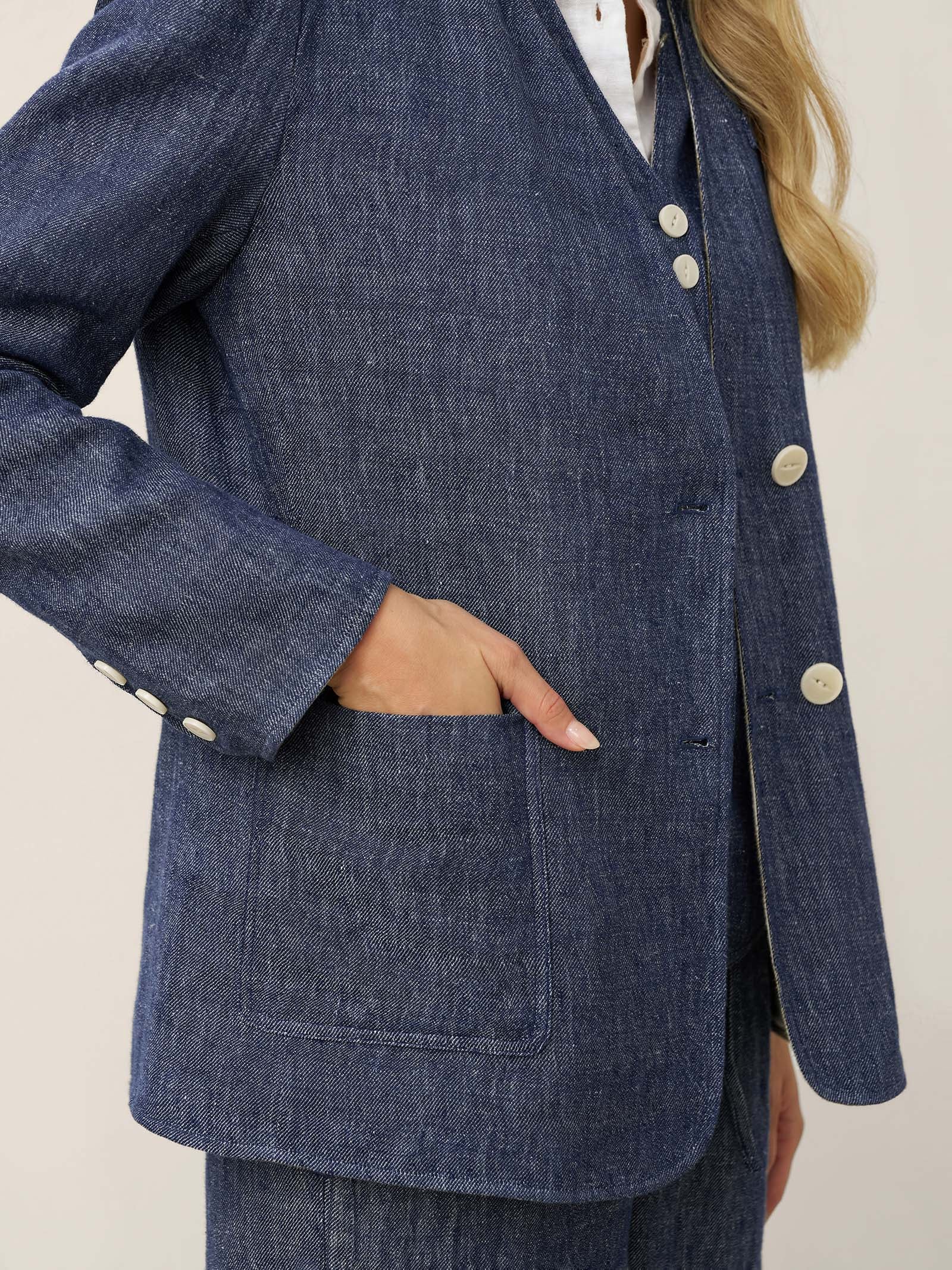 Linen Reversible Denim Texture V Neck Jacket ELLIE by LINTICO, fabric detail for women