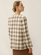 Linen Reversible Denim Texture V Neck Jacket ELLIE by LINTICO, fabric detail for women