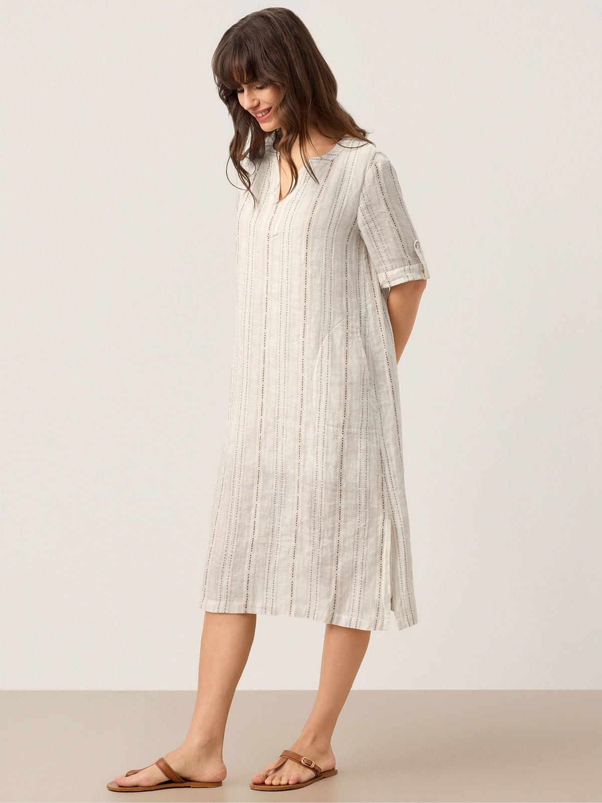 Linen Striped Notch Neck Tab-Cuff Bohemian Midi Dress ALTHEA by LINTICO for women