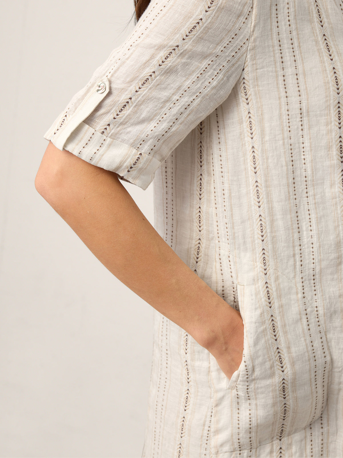 Linen Striped Notch Neck Tab-Cuff Bohemian Midi Dress ALTHEA by LINTICO for women