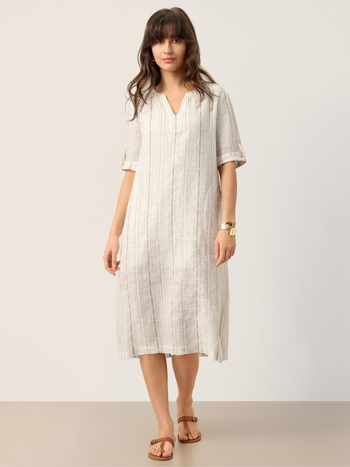 Linen Striped Notch Neck Tab-Cuff Bohemian Midi Dress ALTHEA by LINTICO for women