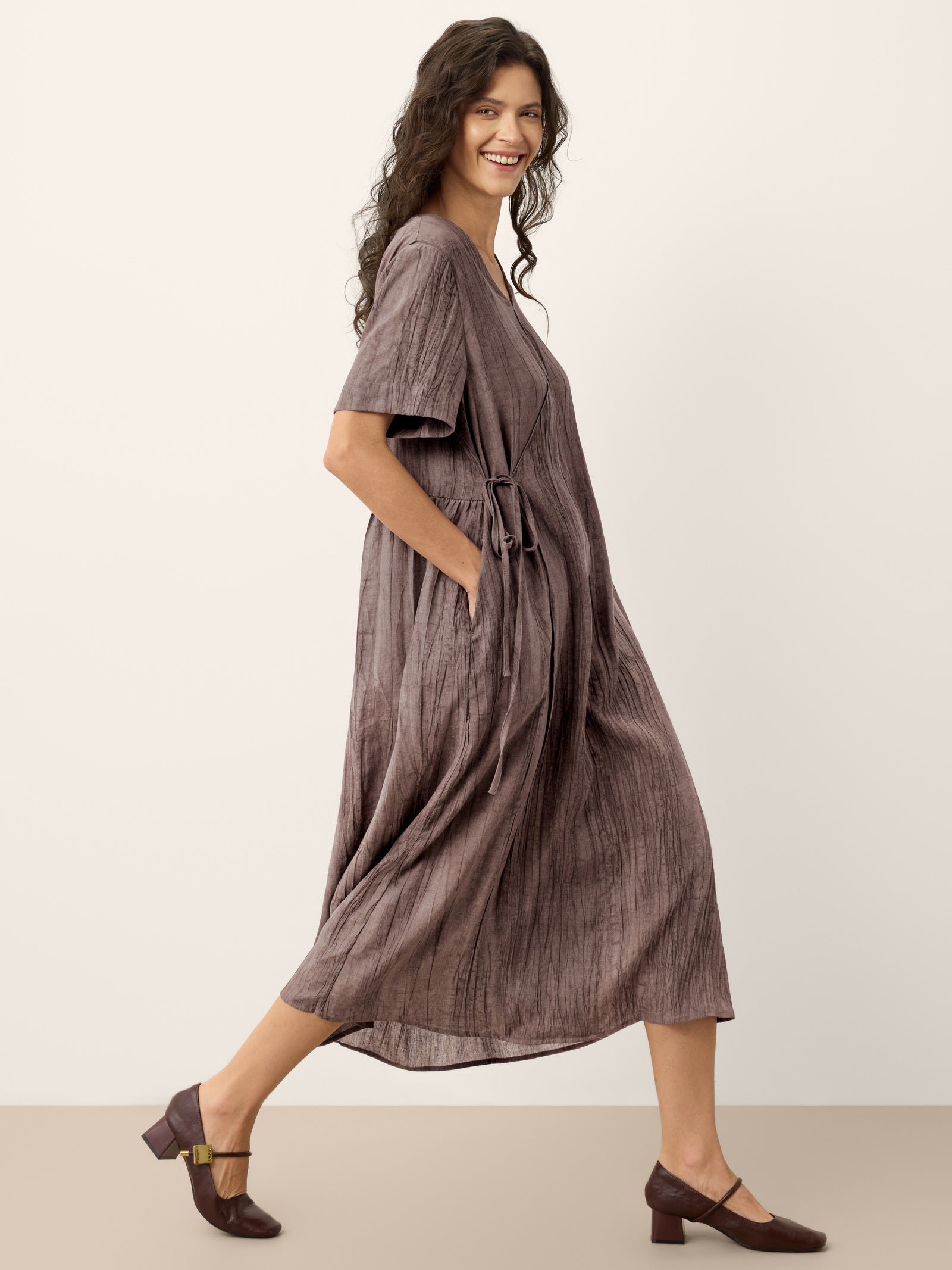 Lyocell Textured V Neck Tie Waist Maxi Dress SUSANNA, Smoky Brown / L Lyocell Textured V Neck Tie Waist Maxi Dress SUSANNA, Smoky Brown / L