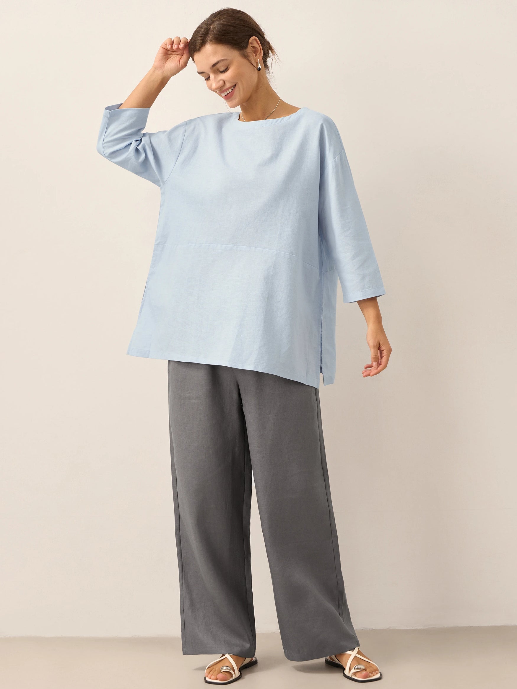Linen White Boat Neck Oversized Top AVA by LINTICO for women