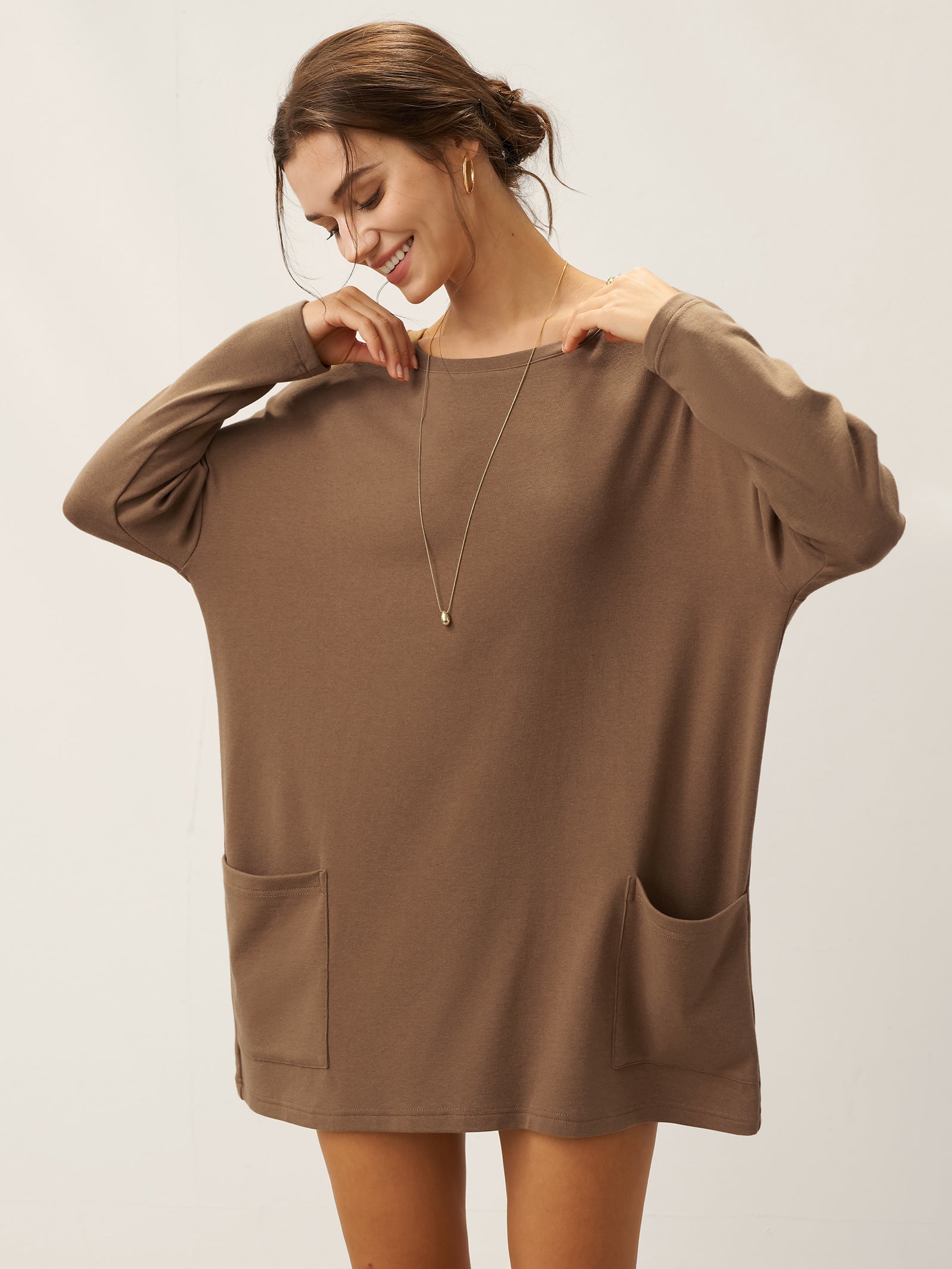 Lenzing Tencel Modal® Long Drop Shoulder Stretch Pullover Top with Patch Pockets by LINTICO for women