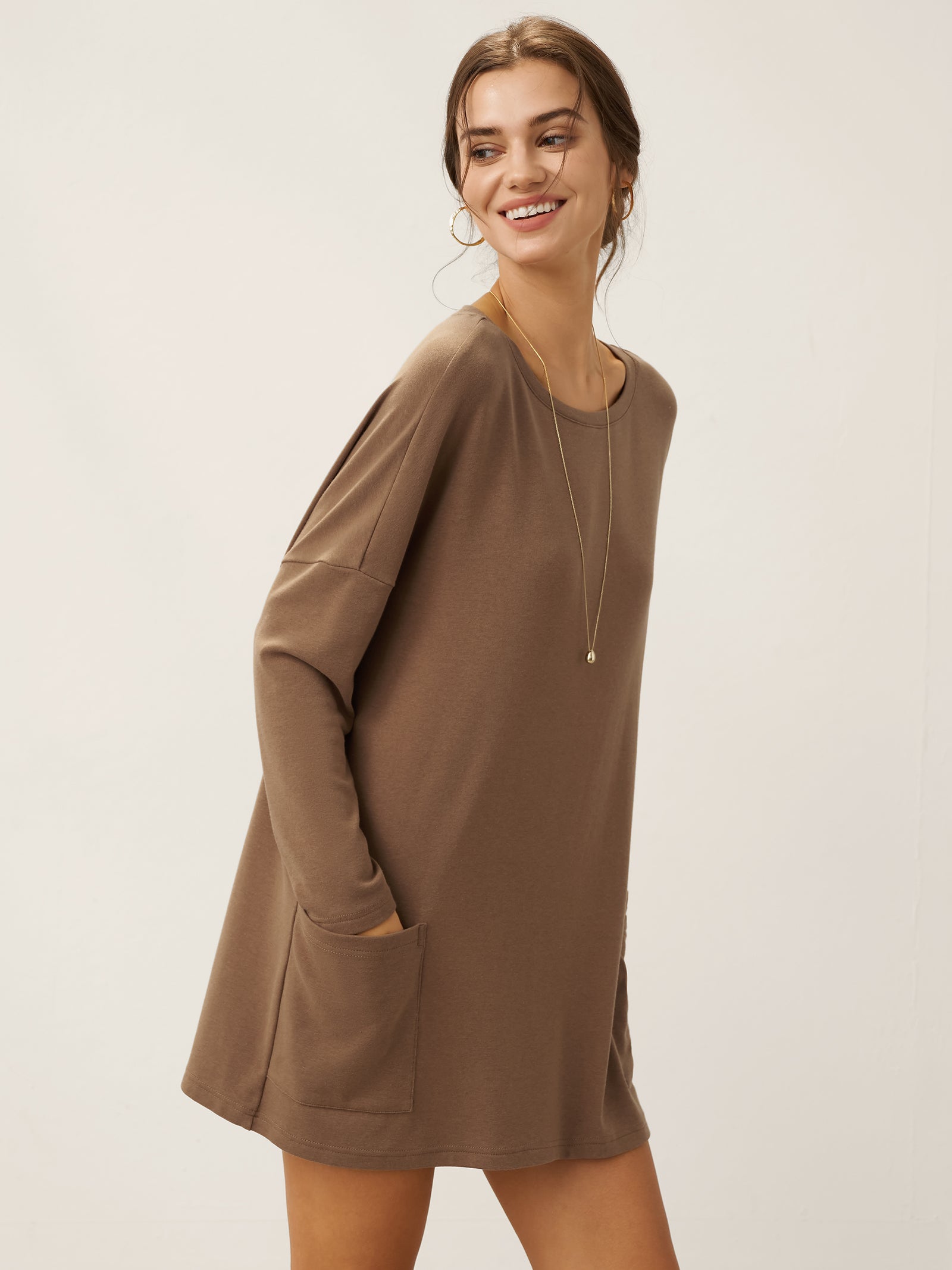 Long Drop Shoulder Stretch Pullover Top with Patch Pockets