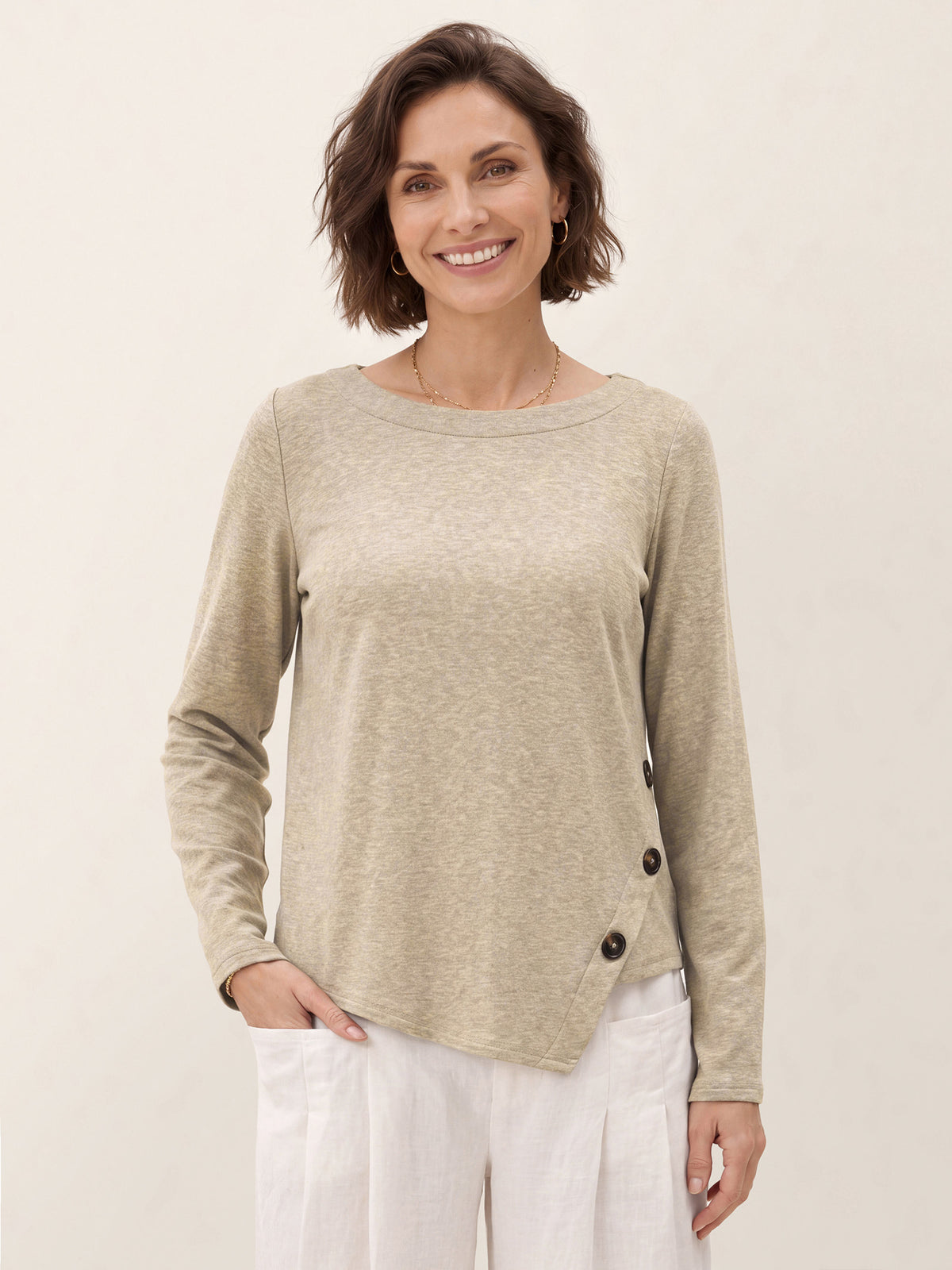 Lyocell Wool Asymmetric Hem Side Button Knit Top CELIA