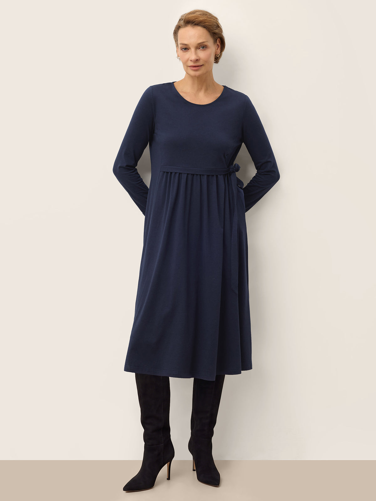 Lyocell Linen Ruched Waist Long Sleeve Midi Dress AUDRA in Evening Navy by LINTICO, product image 1 of 7