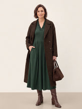Lyocell Ruffle V-Neck Gathered Waist Knit Midi Dress BRIELLE in Pine Green by LINTICO