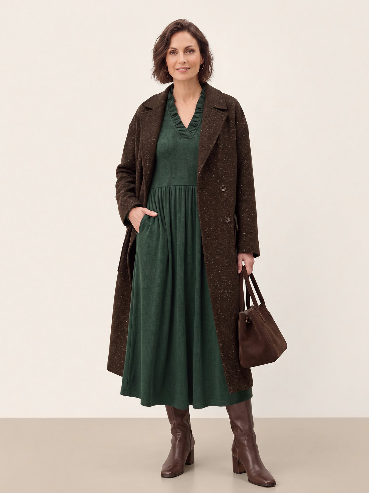 Lyocell Ruffle V-Neck Gathered Waist Knit Midi Dress BRIELLE in Pine Green by LINTICO