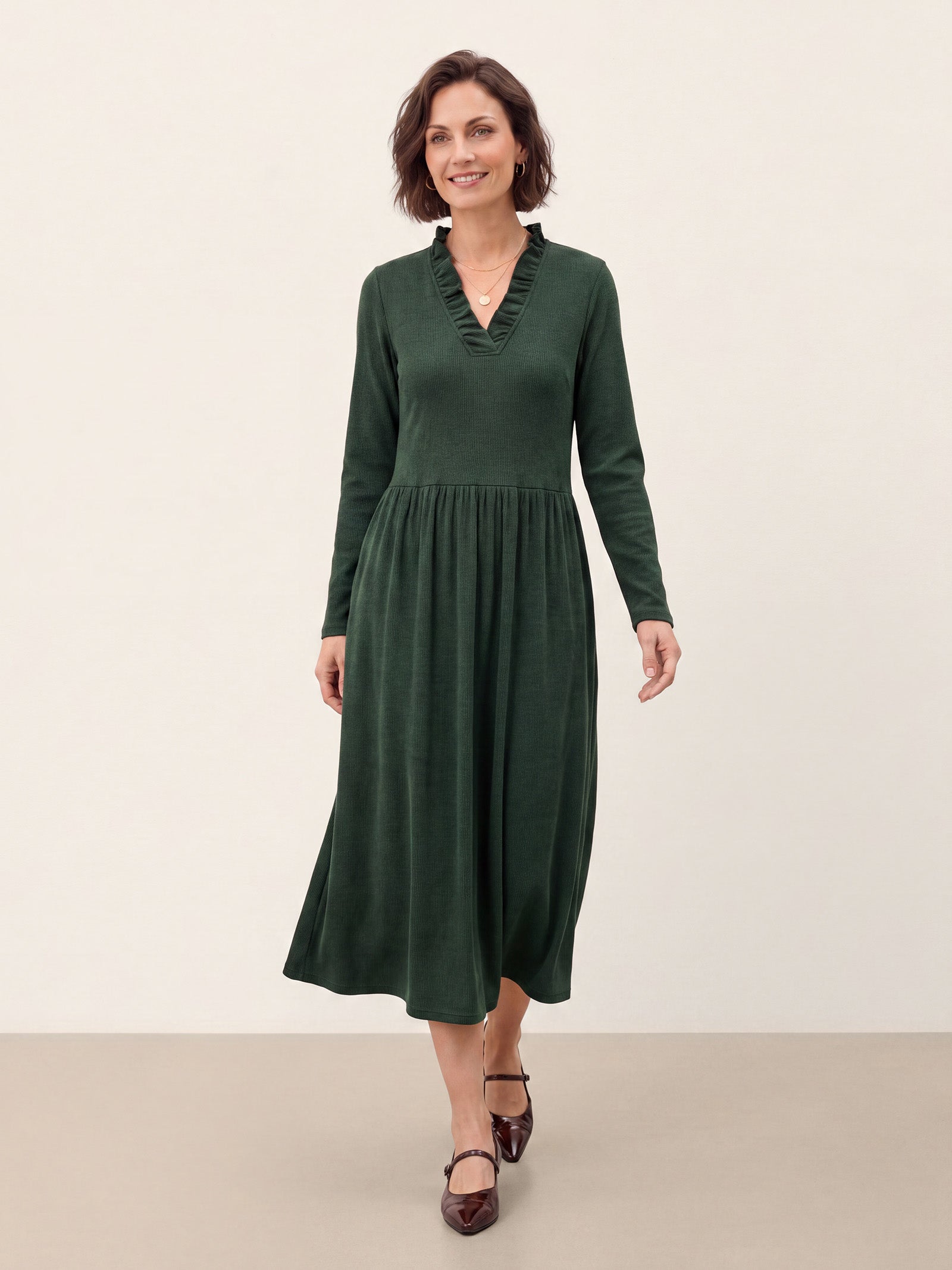 Green Lyocell Ruffle V Neck Gathered Waist Knit Midi Dress BRIELLE by LINTICO