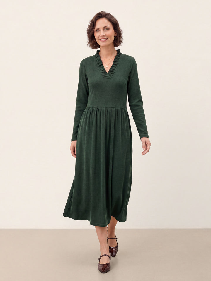 Lyocell Ruffle V Neck Gathered Waist Knit Midi Dress BRIELLE
