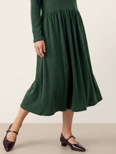 Green Lyocell Ruffle V Neck Gathered Waist Knit Midi Dress BRIELLE by LINTICO