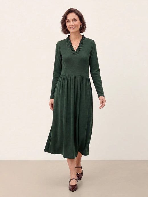 Lyocell Ruffle V-Neck Gathered Waist Knit Midi Dress BRIELLE