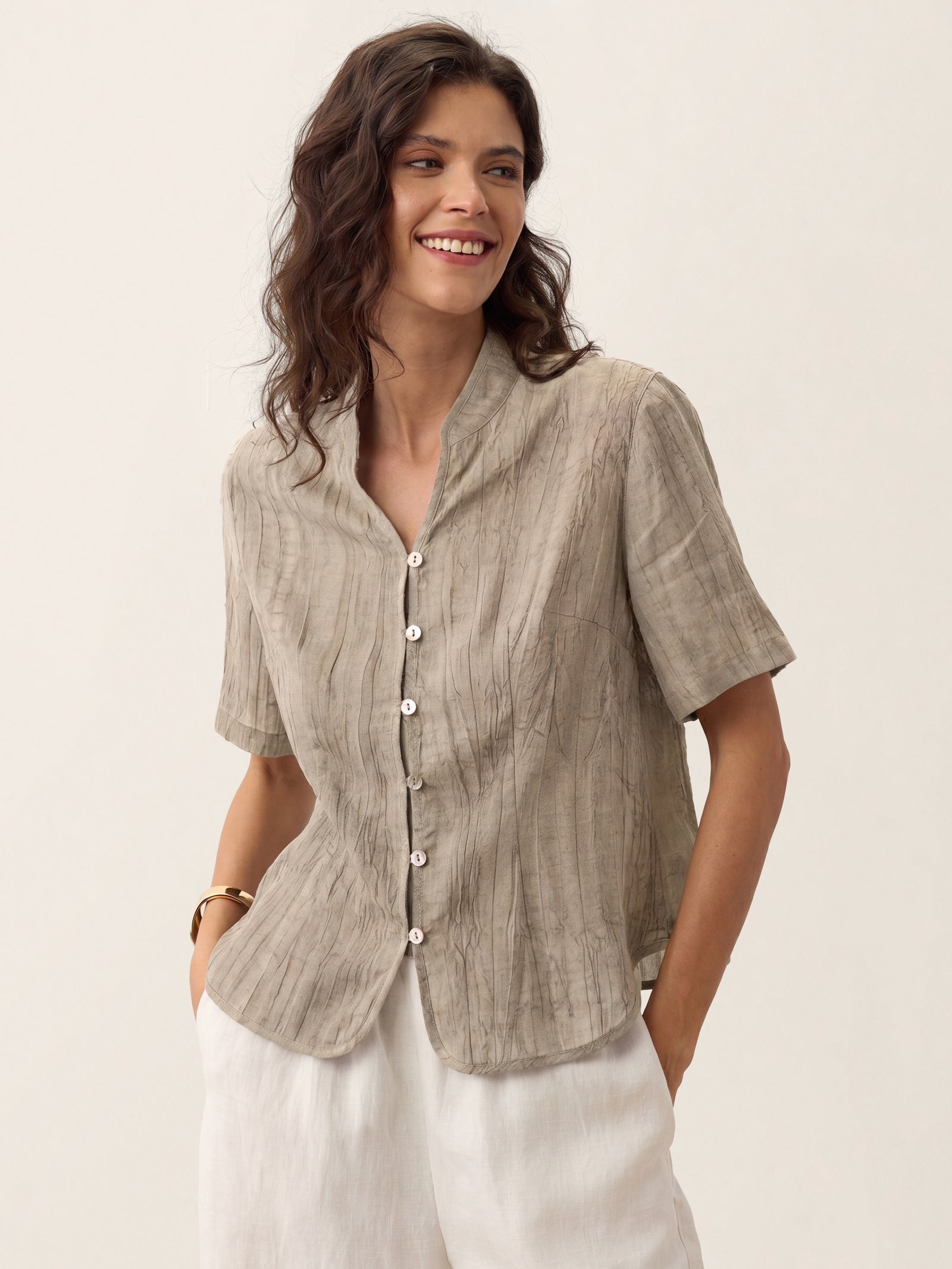Lyocell Textured Stand Collar Shirt Jacket PHILIPPA by LINTICO for women