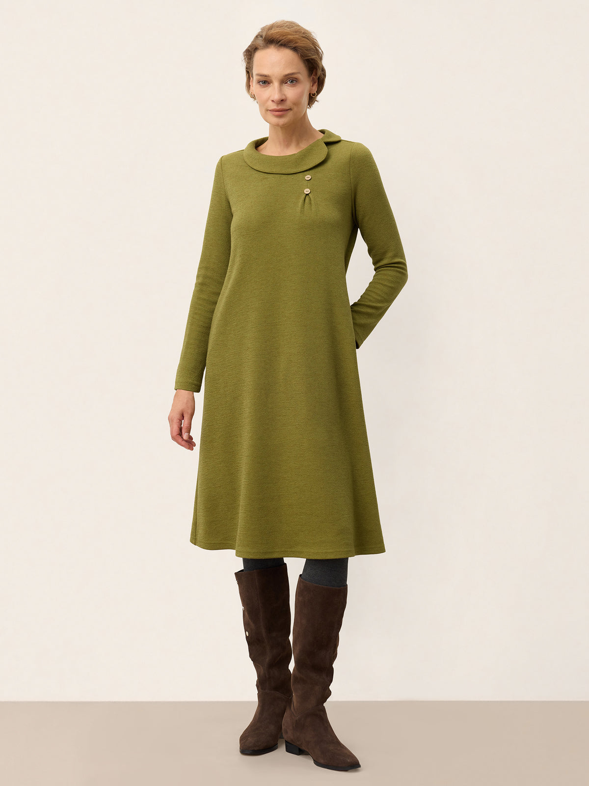 Lyocell Wool Draped Funnel Neck Midi Dress SYBIL