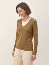 Chestnut Brown Lyocell Wool Layered Look Button Placket Top SABRINE by LINTICO