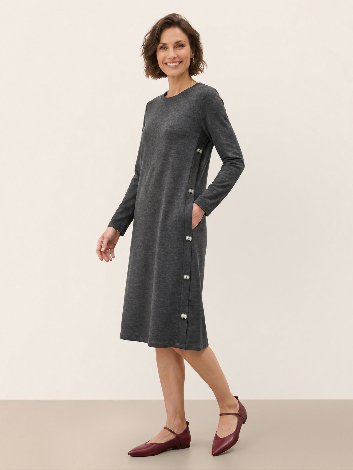 Lyocell Wool Side Button Line Knit Midi Dress MIRENA
