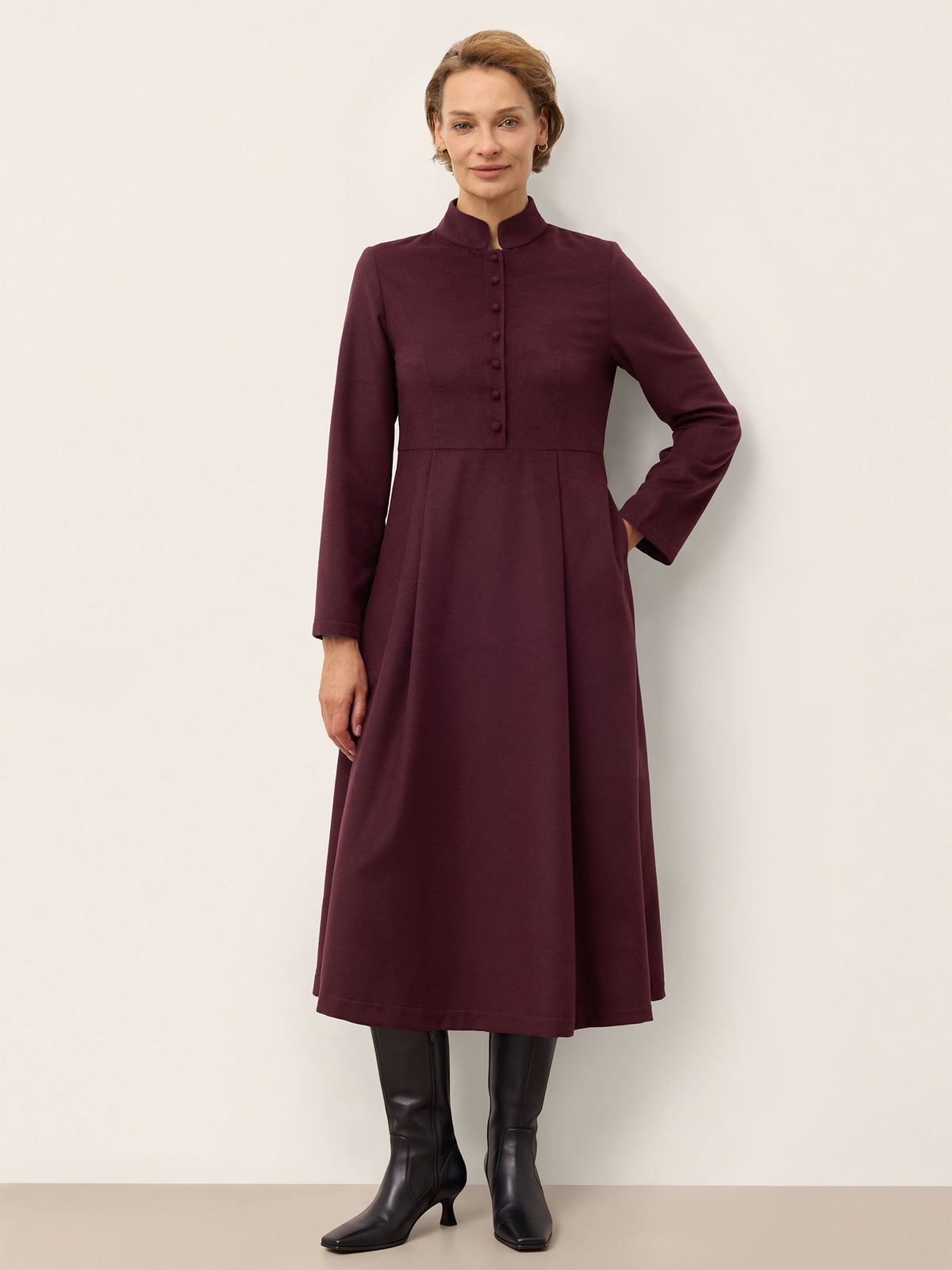 Lyocell Wool Stand Collar Button Front Midi Dress CAMILLE in Dusk Plum by LINTICO, product image 1 of 11