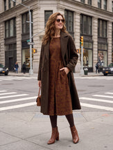Model wearing 100% Organic Cotton Ruched Print Boat Neck Midi Dress CRESSIDA in Crimson Floral