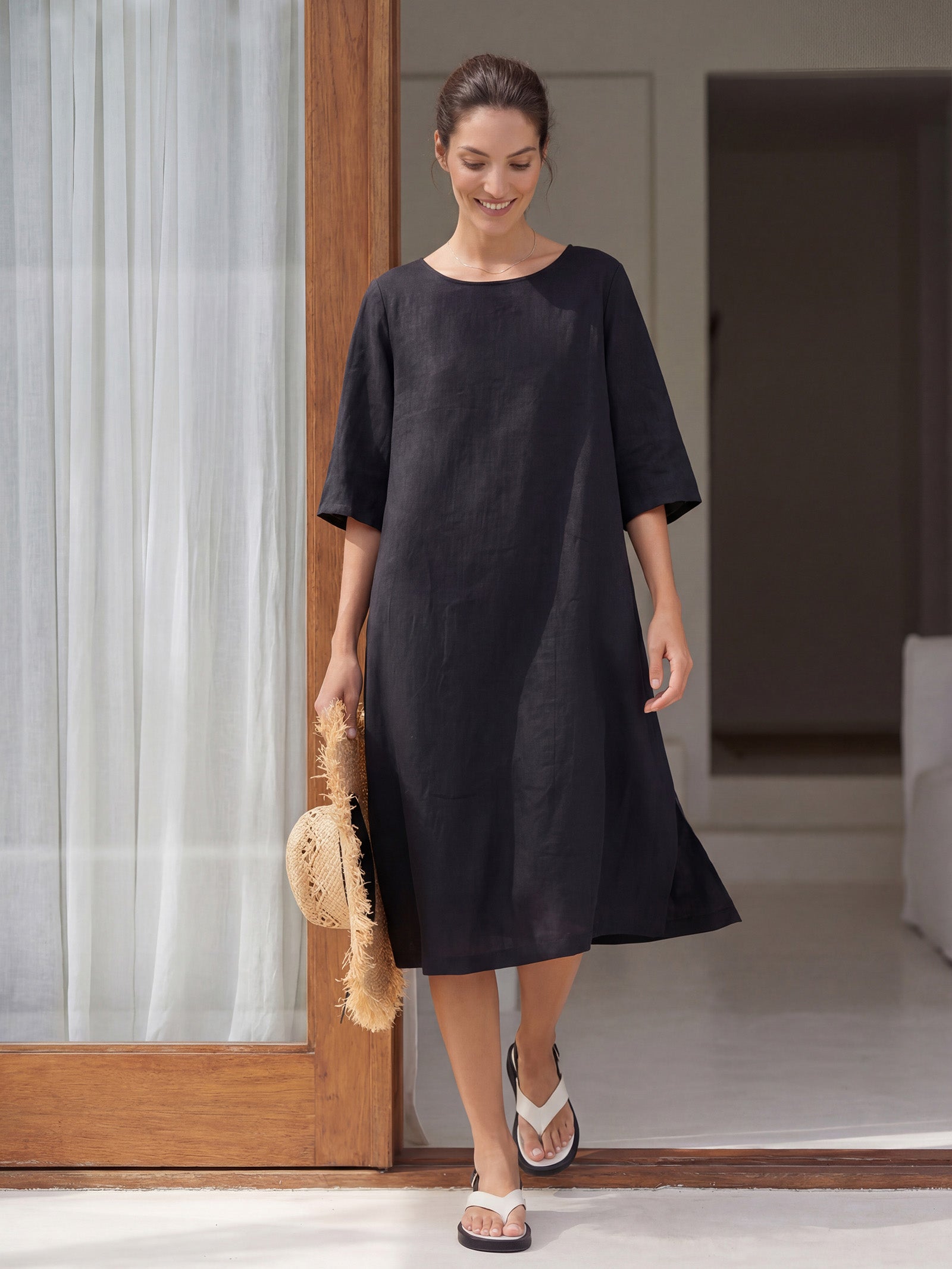 100% Linen Collarless Mid-Length Dress SOFIA by LINTICO for women