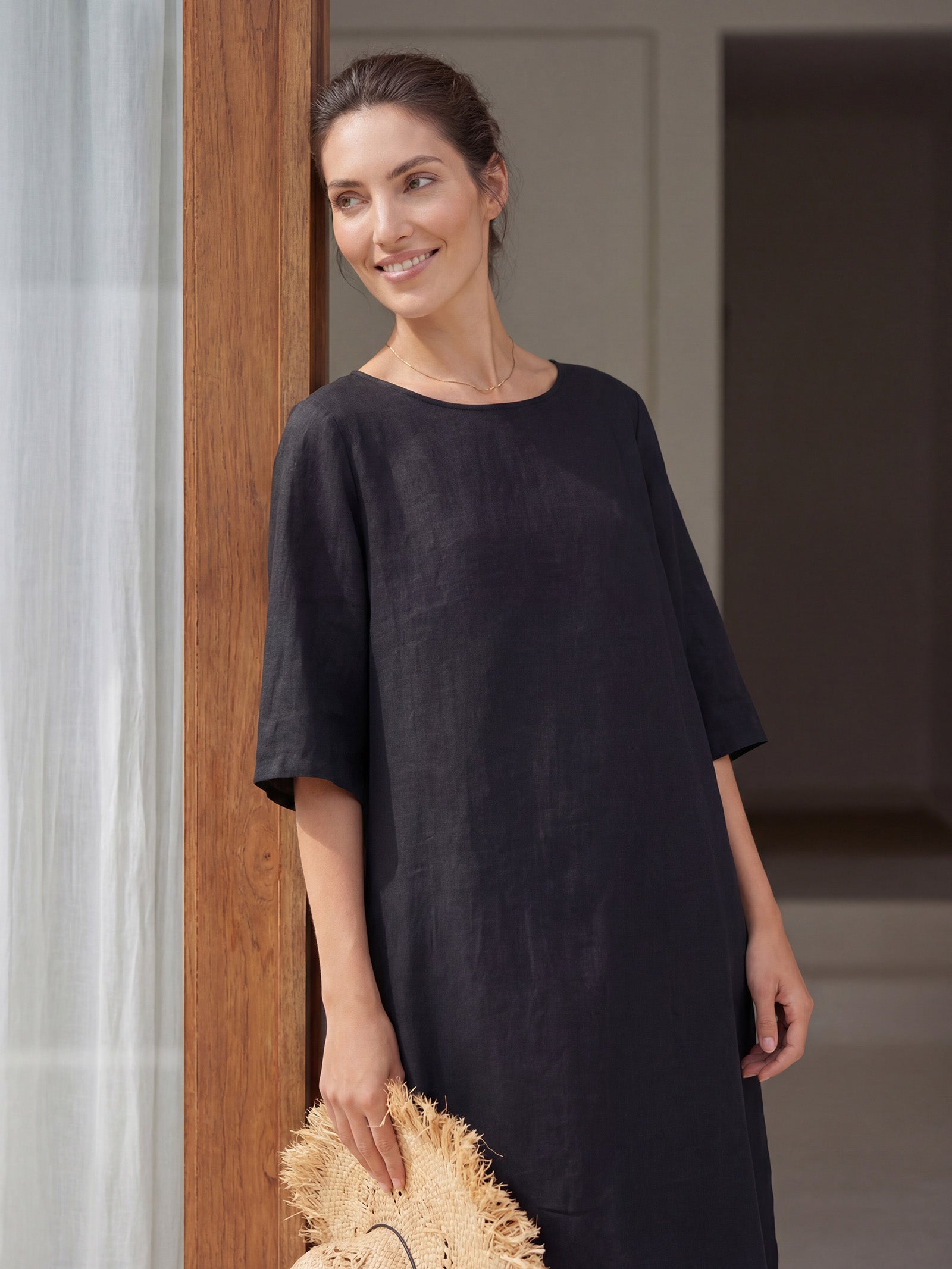100% Linen Collarless Mid-Length Dress SOFIA by LINTICO for women