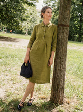100% Linen Tailored Lapel 3/4 Sleeve Midi Shirt Dress MERCEDES by LINTICO for women