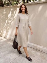 Robe midi femme 100% lin, bord volanté et pli creux, LAVINIA par LINTICO