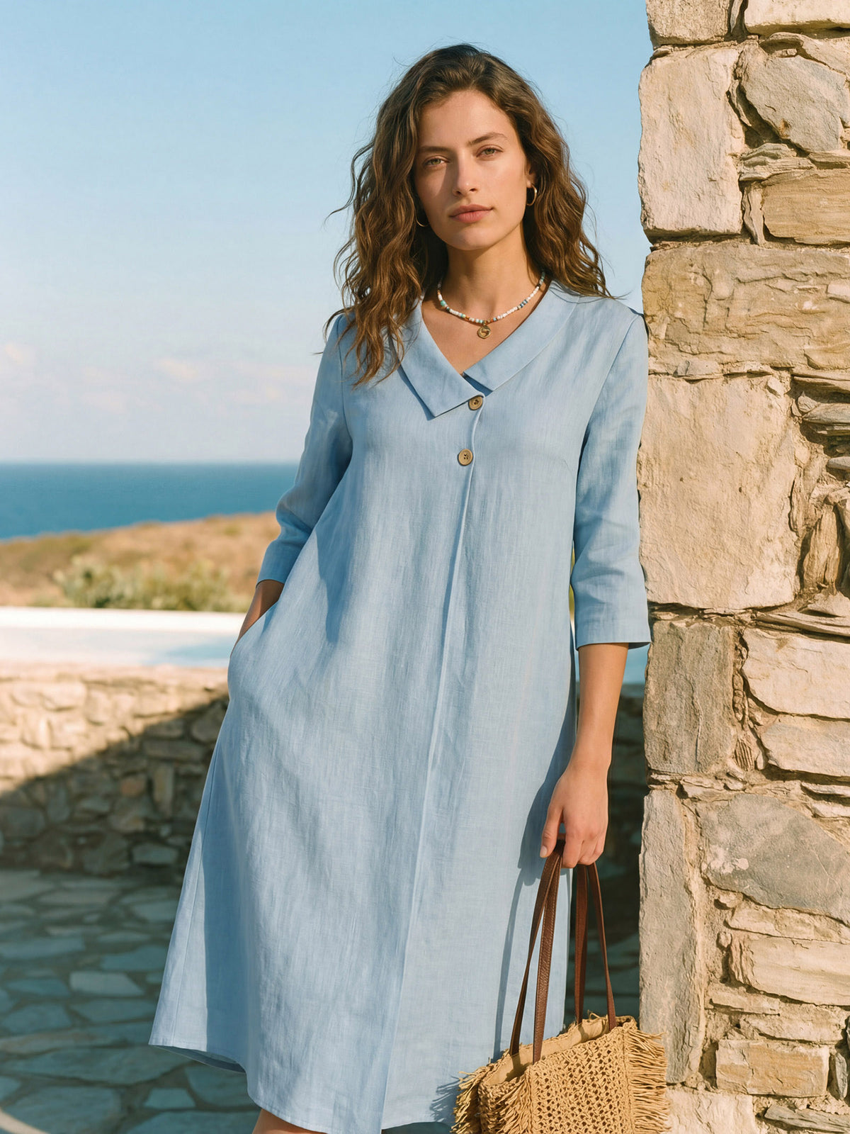 100% Linen Asymmetric Shawl Collar A-Line Mini Dress WINIFRED by LINTICO for women