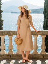 100% Linen Side-Gathered Bow Midi Dress ESMERALDA by LINTICO for women