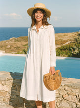 100% Linen Embroidered Pintuck Midi Shirt Dress SYLVIA by LINTICO for women