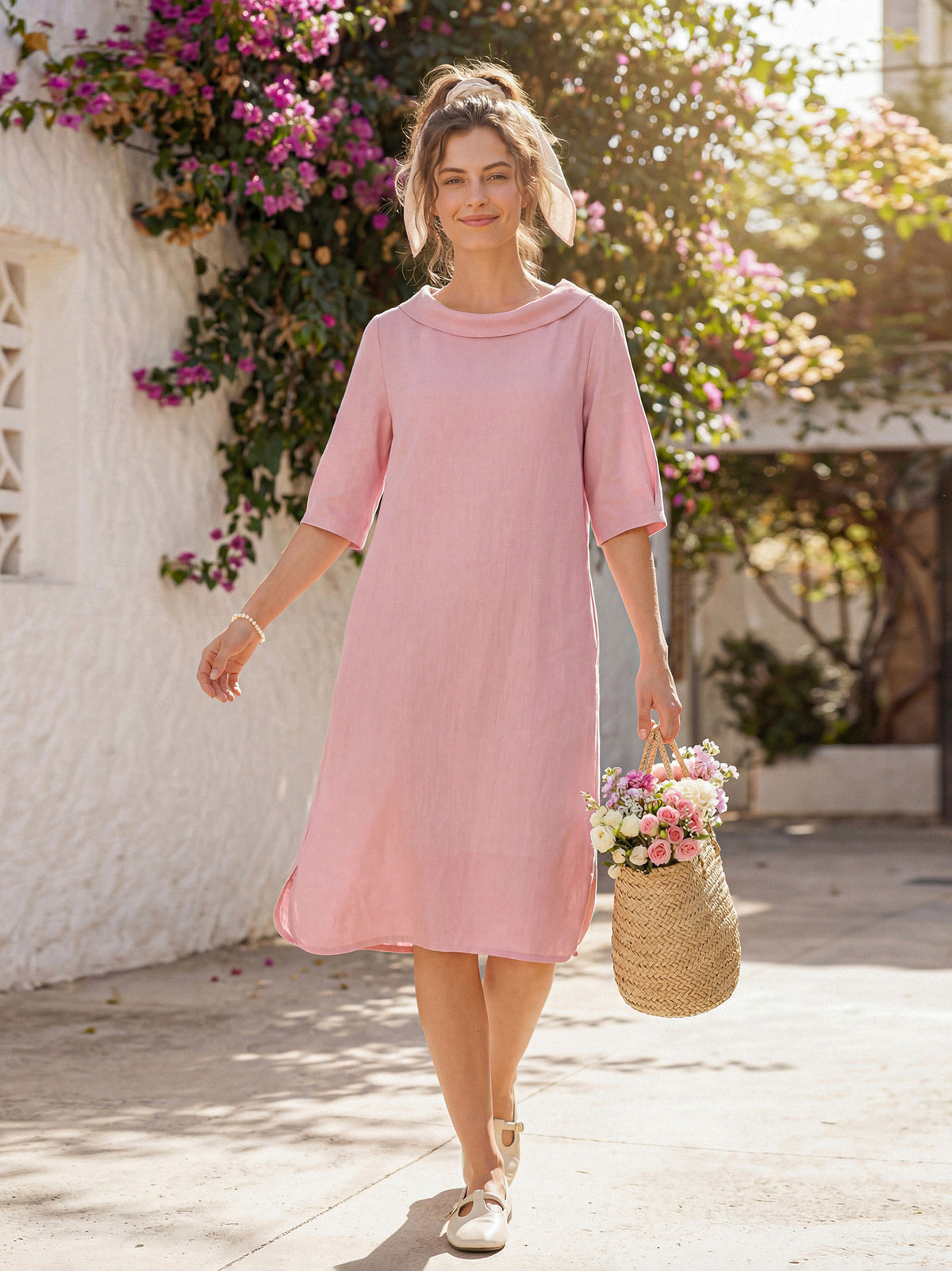 100% Linen Sculpted Bateau Tie-Back Mini Dress SABRINA by LINTICO for women