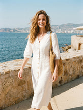 100% Linen Button-Front Lantern Sleeve Elasticated Waist Midi Dress LINNEA by LINTICO for women