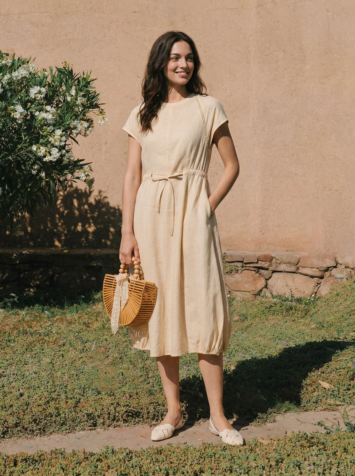 100% Linen Lace-Inset Bubble-Hem Midi Dress LORITA by LINTICO for women