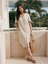 100% Linen Button-Front Tie Cuff V-Neck Shirt Dress HONORIA by LINTICO for women