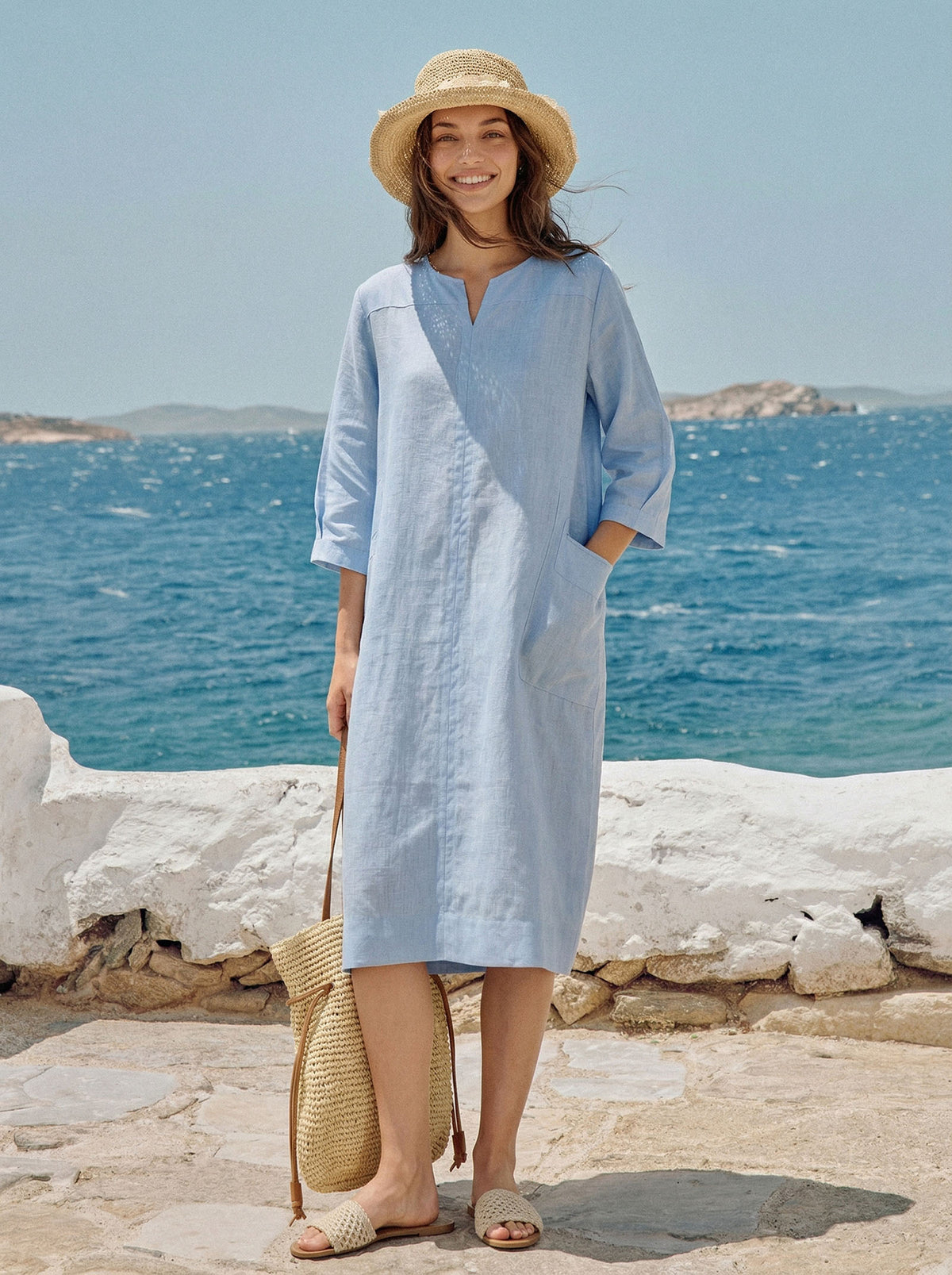 100% Linen Split-Neck Patch-Pocket Mini Dress KALINA by LINTICO for women