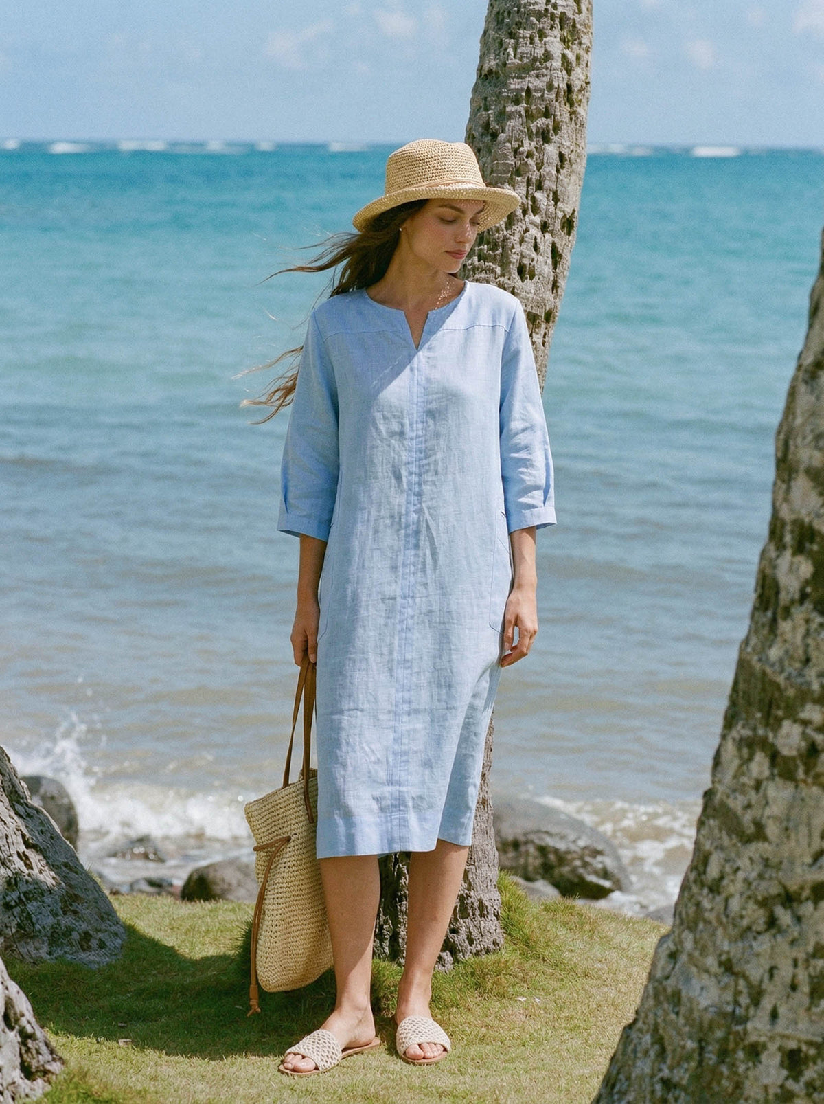 100% Linen Split-Neck Patch-Pocket Mini Dress KALINA by LINTICO for women